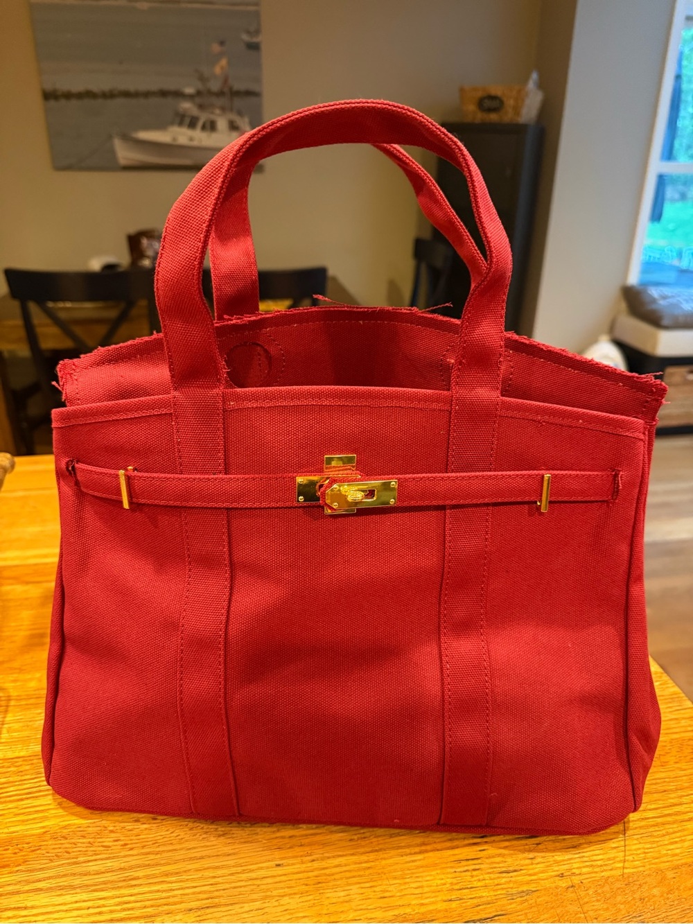 Classic Burgundy Boat Tote Bag with Gold Hardware - Picture 3 of 7